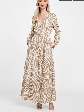 Marciano Beige and White Zebra-Print Long Shirt Dress - Size XL (12)